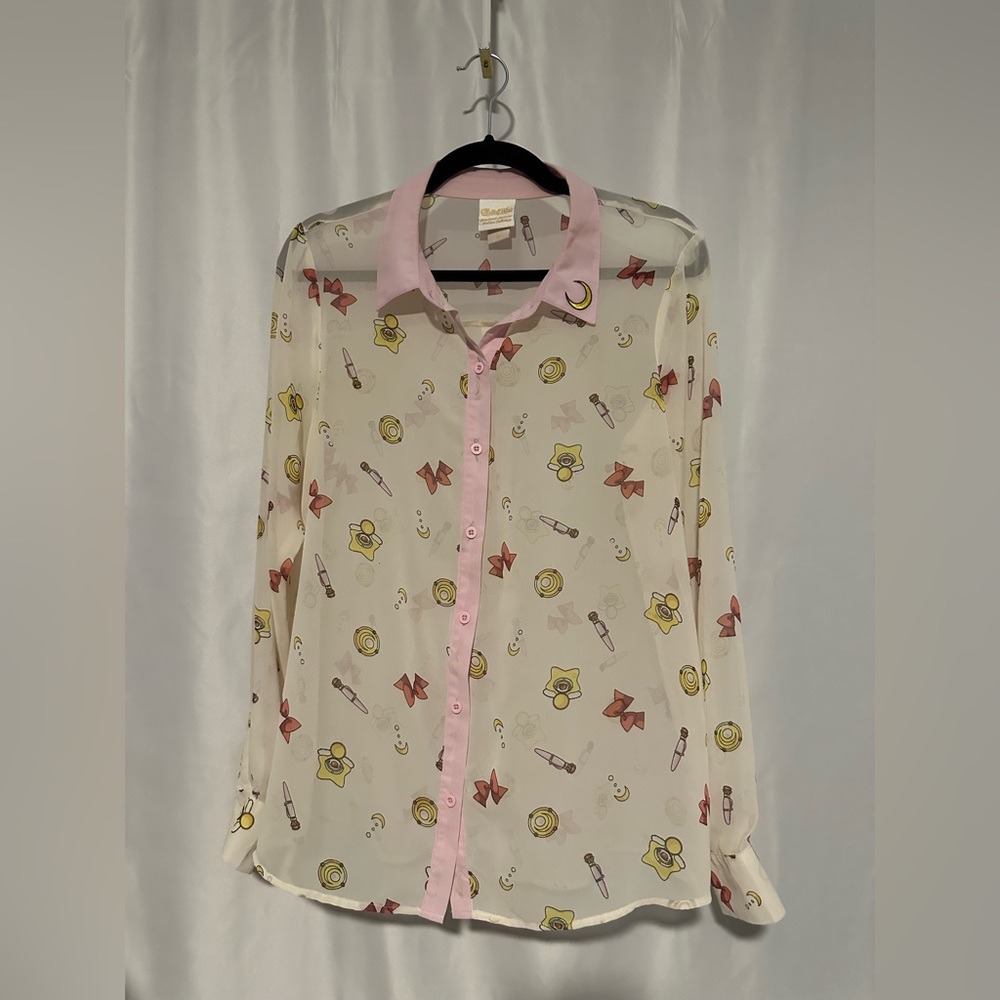 Sheer Sailor Moon Blouse with Pink and White Design Size Large